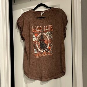 Cato Earthy Tone Graphic Tee with Fringe